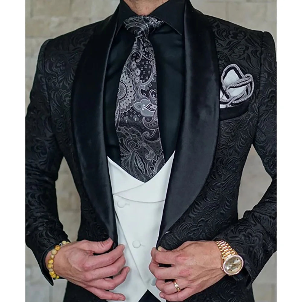 Tailor-Made Burgundy Wedding Men Suits Slim Fit Tuxedo 3 Pieces Suits Groom Prom Jacquard Blazer Terno Masculino Suits voguable