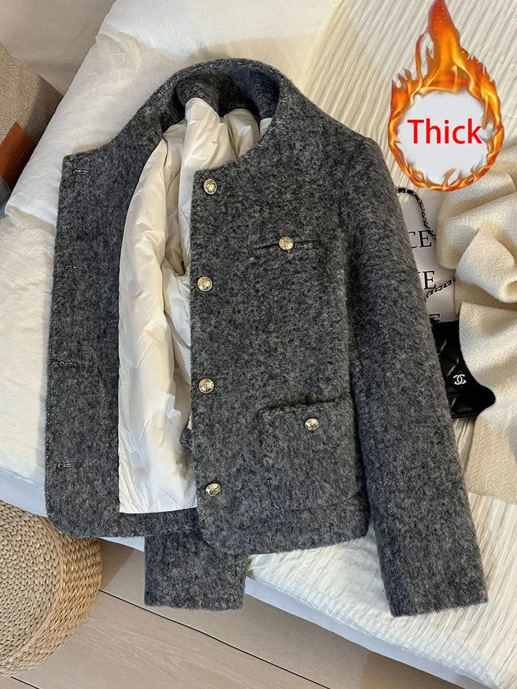 Winter Faux Woolen Gray Coat Women Vintage Thick Warm Long Sleeve Slim Jacket Casual O Neck Female Korean Elegant Retro Top voguable