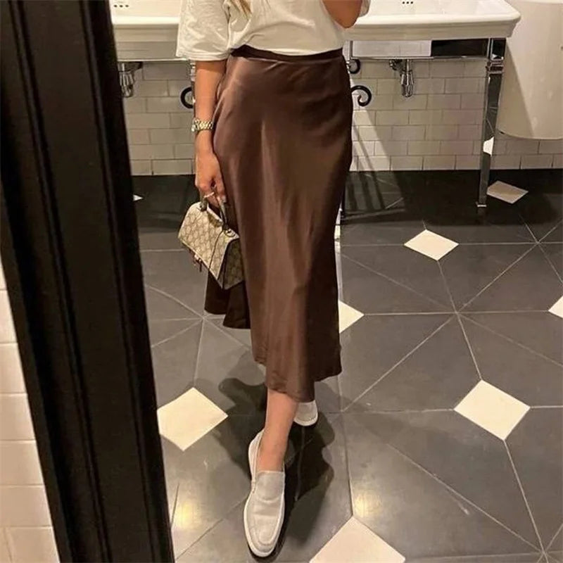 Satin Skirt Women Summer Clothes Solid Color High Waist Bodycon Midi Skirts Elegant Evening Party Skirts Streetwear voguable