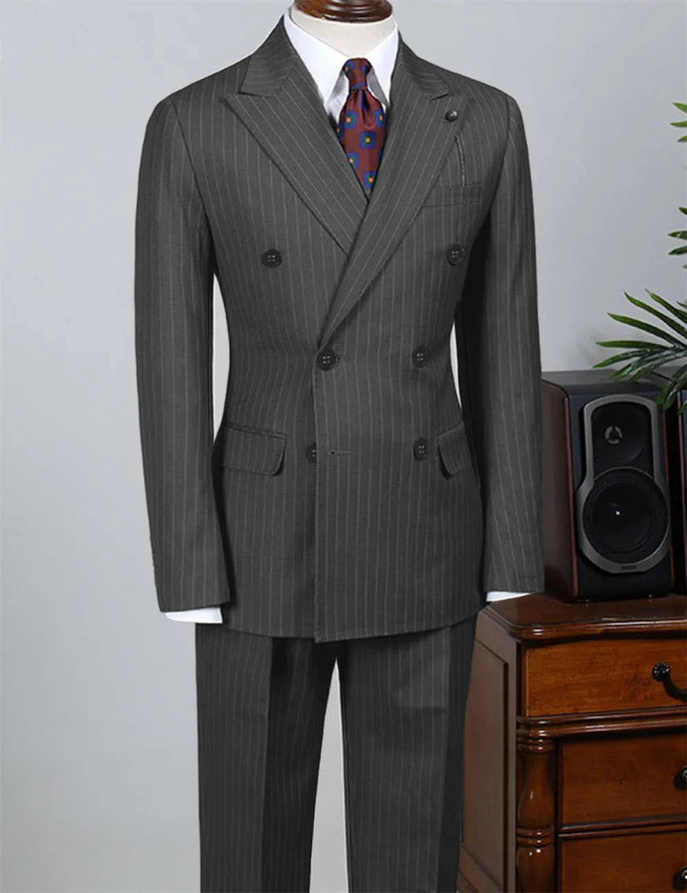 Voguable  Gray Striped Men's Suit 2 Piece Set Man double-breasted Slim Fit Business Formal suit Casual Suit Jacket Pant Groom's suit dress voguable