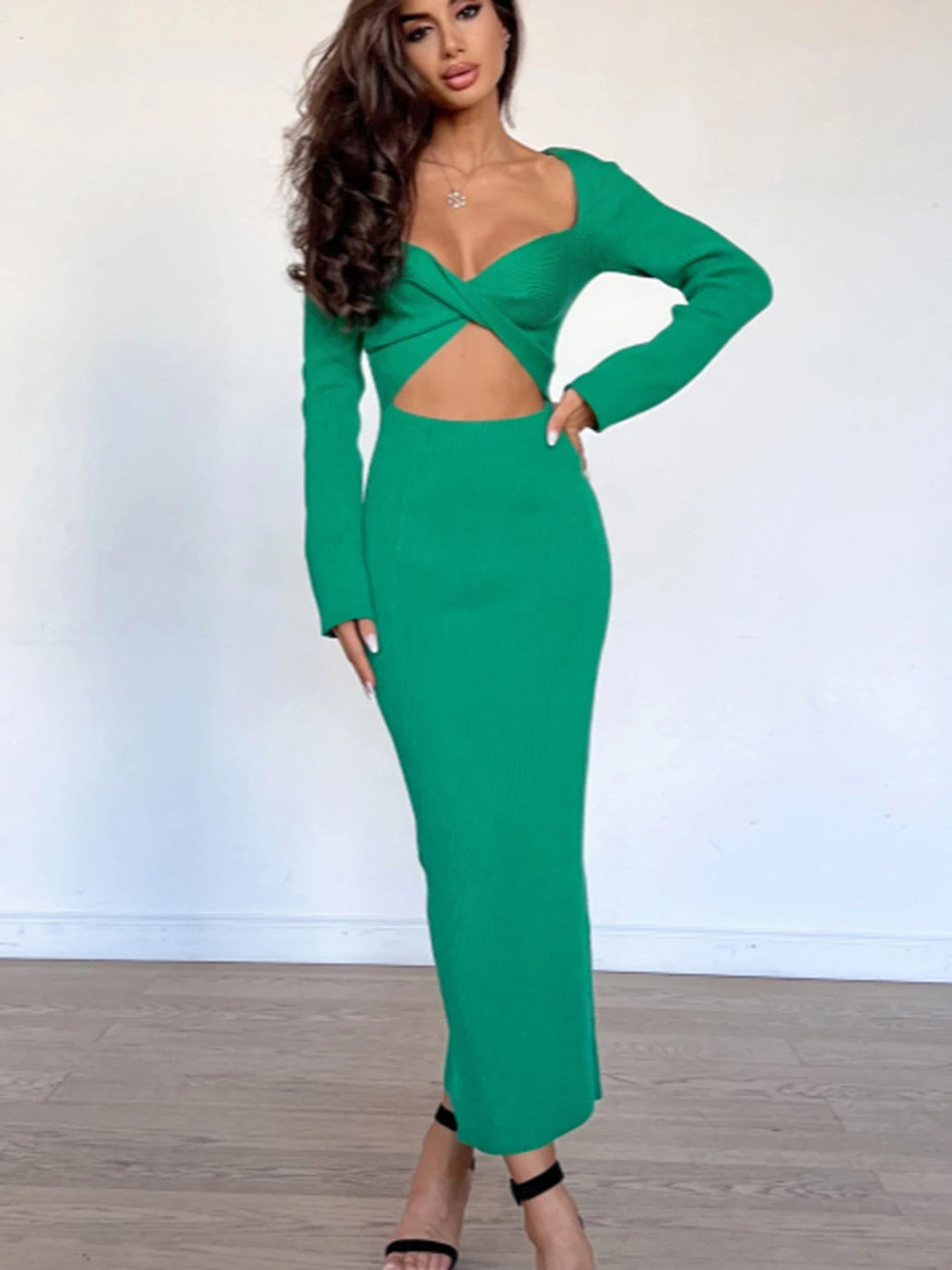 Front And Back Two-Wear Long-sleeved Rib Knitted Dress Autumn Simple Fashion Hollow V-neck Long Dresses For Women Vestidos voguable