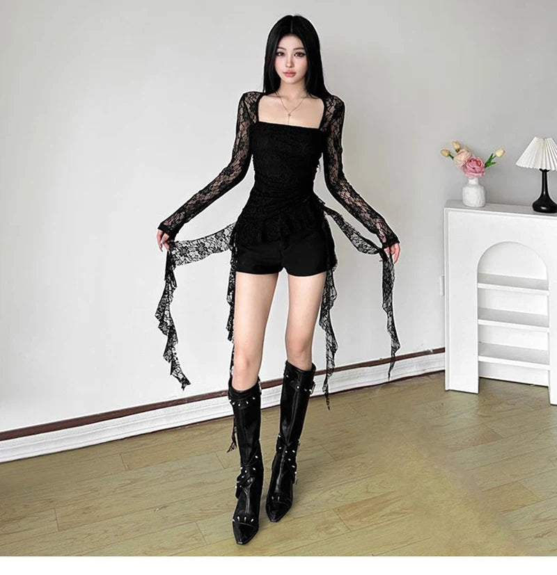 Y2K Ruffles Lace T Shirts Women Sexy Slim Long Sleeve Streetwear Tops Fashion Square Collar Irregular Design Female Tees voguable