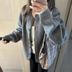 Voguable  American Retro Cardigan Sweater Jacket Women's Autumn College Style Relaxed Versatile Black Knitted Top Winter voguable