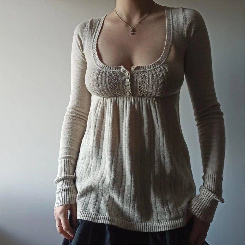 Vintage Babydoll Tops Pullovers Lady Aesthetic Coquette Knit Sweaters Outfit Autumn Square Neck Long Sleeve Knitwear Jumpers Y2k voguable