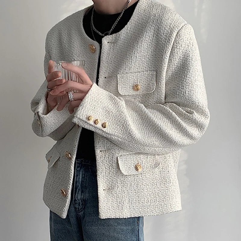 Korean Style Fashionable Tweed Round Neck Jacket Men Japanese Trendy High-end Single-breasted Short Jacket with Temperament voguable