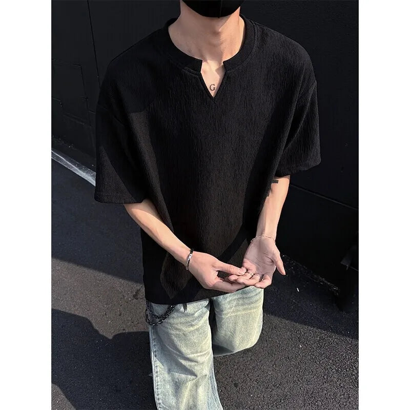 Summer Short Sleeved T-shirt Men Casual V-neck T Shirt Men Streetwear Korean Loose Pleated T Shirt Mens Top Large Size 5XL voguable