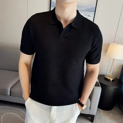 Men's Polo Shirt 2024 Summer New Thin Knitted Hollow Striped Jacquard Solid Short Sleeved V-neck T-shirt Casual Men's Clothing voguable