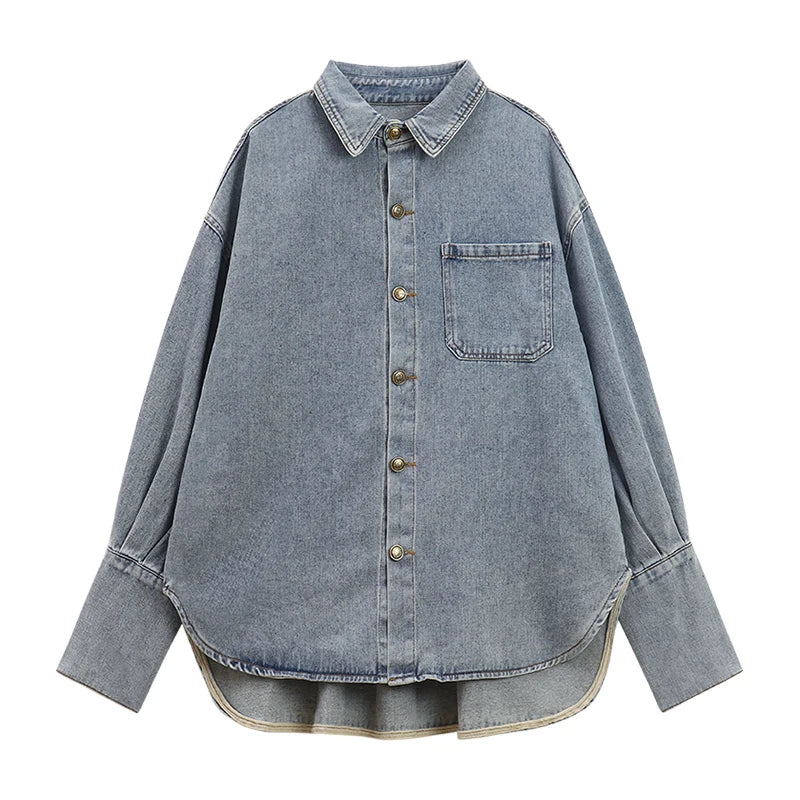 Voguable 2024 Spring New Streetwear Distressed Loose Casual Denim Long-sleeved Shirt Women + Asymmetric Sexy A-line Skirt Two-piece Suit voguable