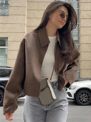 Fashion Brown Zipper Woolen Jacket For Women Elegant Lapel Long Sleeve Short Coats Female Vintage Autumn Lady Street Outerwear voguable