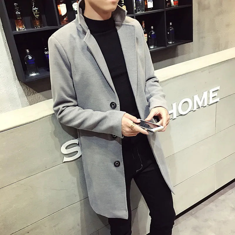 2023 Men Wool Blend Coat Autumn Winter New Casual Long Windbreaker Jacket Male Solid Color Single Breasted Trench Coat Jacket voguable