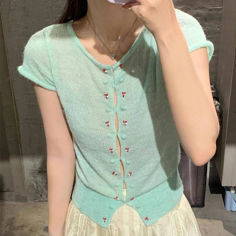 Voguable  Mint Green Sheer Knit Cardigan Women Summer Thin Breathable Short Sleeve Crop Top Woman Y2K Slim Fit Hollow Out Knitted T-Shirt voguable