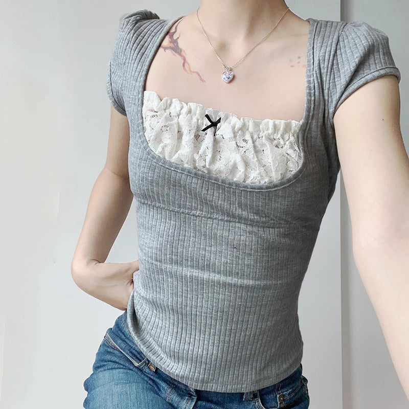 Voguable Y2K Contrast Lace Patchwork Knitted Top Women Cute Casual Basic Short Sleeve T-shirts Summer Coquette Square Collar Tee voguable
