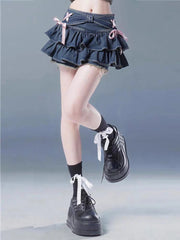 Voguable New Blue Denim Pleated Skirt Y2K Aesthetic Sweet Pink Bow Lace Up Ruffles Cake Mini Skirts Harajuku Women Kawaii Short Skirt 90s voguable