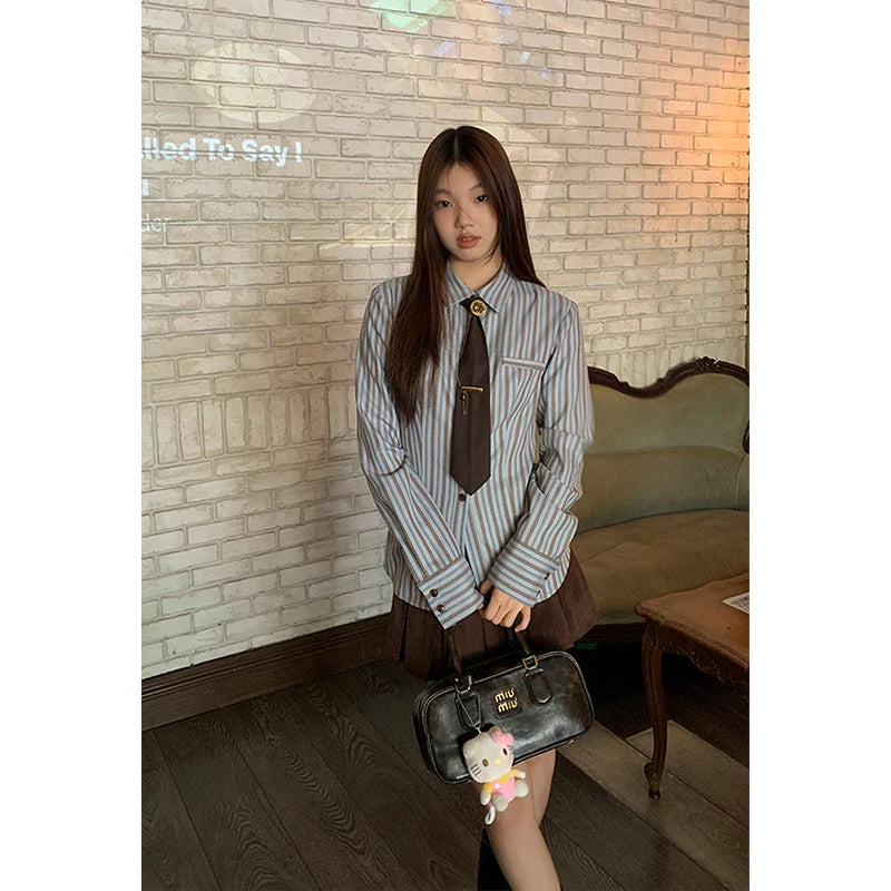 MEXZT Y2K Harajuku Striped Shirts Women Vintage Streetwear Tie Long Sleeve Blouses Korean Preppy Slim All Match Tops Spring New voguable