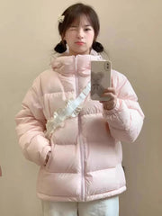 Zoki Winter Cute Pink Puffy Parkas Women Warm Thick Long Sleeve Sweet Cotton Coat Casual Stand Collar Preppy Style Korean Jacket voguable