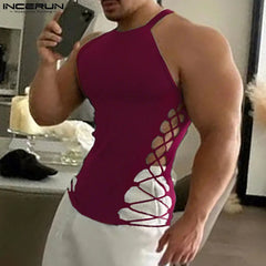 Fashion Men Tank Tops Solid Color Drawstring Hollow Out Sexy Male Vests Summer Streetwear 2025 Skinny Men Clothing S-3XL voguable