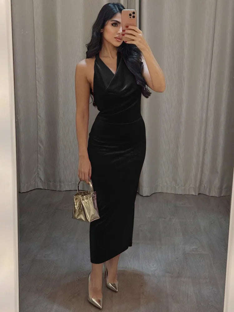 Halter Backless Sexy Maxi Dress For Women Gown Fashion Lace-up Deep V Neck Sleeveless Bodycon Split Long Dress Elegant voguable