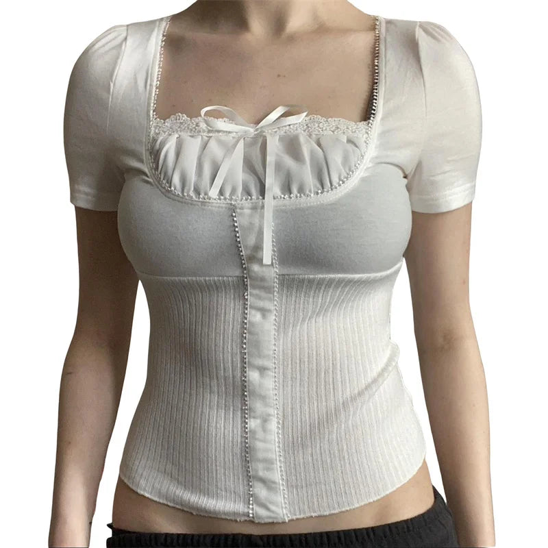 Fairycore Top y2k Women Sexy Coquette Clothes Lace Trim Square Collar Short Sleeve T Shirt 2000s Aesthetic Clothing voguable