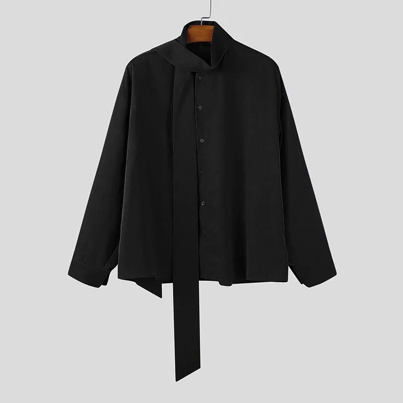 Fashion Men Shirt Solid Color Stand Collar Long Sleeve Male Shirt With Belt Streetwear 2025 Oversize Casual Men Clothing voguable