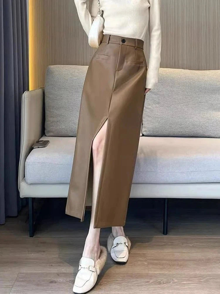 Sexy Slit Pu Long Skirt Women High Waist Slim Vintage Skirts Casual Fall Winter Lady Solid Retro American Streetwear Long Skirt voguable