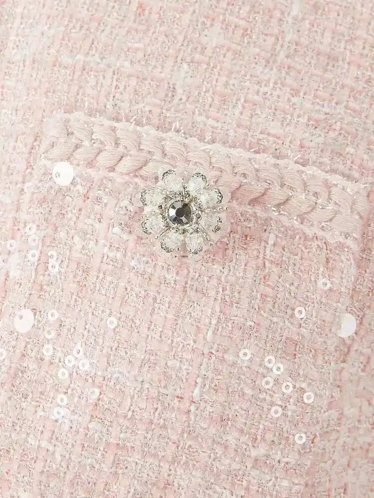 Women's Elegant 2 Pcs Set O Neck Short Sleeve Sequins Tweed Belt Coat High Waist Pleated Skirts Sets 2025 New Autumn voguable