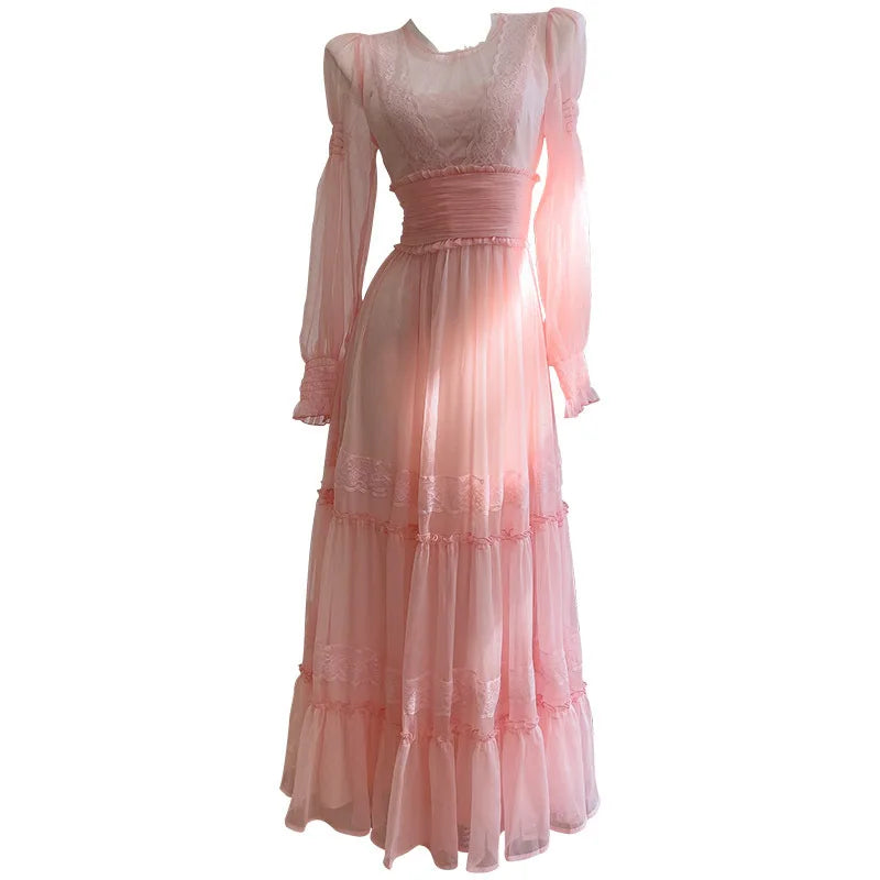 Fashion Women Dress Long Sleeve Round Neck Lace Perspective Female Summer Party Dresses New Tide 3QW1324 voguable