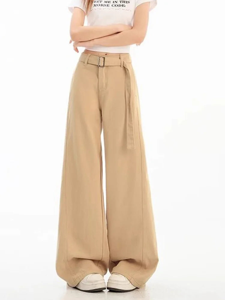 Belt Retro Khaki Jeans Women Y2K High Waist Loose Streetwear Denim Pants Casual American Vintage Autumn Wide Leg Trousers voguable