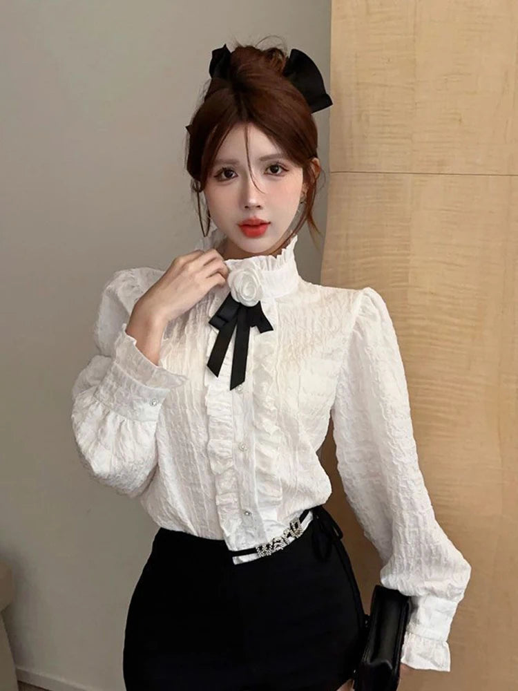 3D Floral Bow Shirt Women Elegant Long Sleeve Retro Korean White Blouse Casual Design Female Vintage Sweet Tops Spring New voguable
