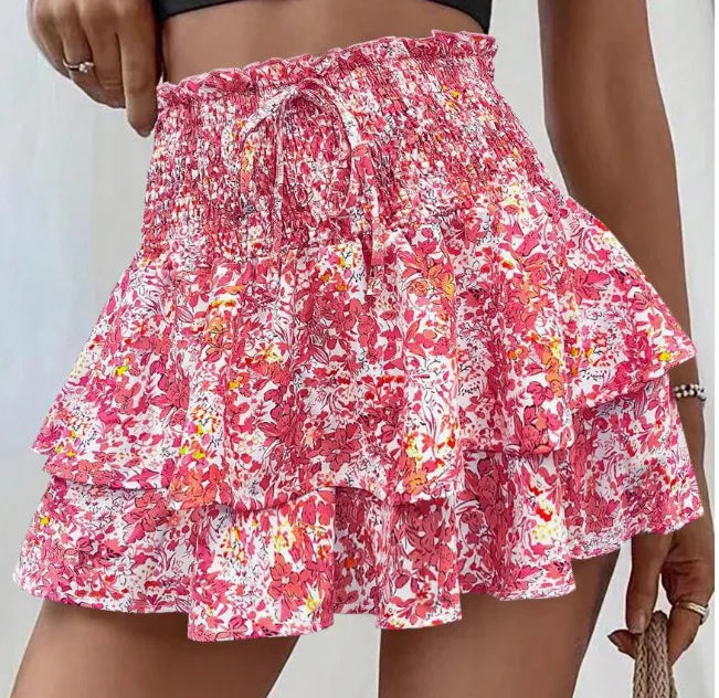 Voguable  Fashion Florals Mini Skirt for Women Summer Casual Waist Shaping Ruffled Hem Short Skirt Woman Drawstring Wide Leg Half Skirts voguable