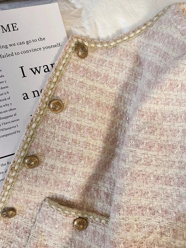 Pink Women Sweet Tweed Jacket Vintage Long Sleeve Slim O Neck Coat Korean Fall Winter Retro Small Fragrance Elegant Tops voguable