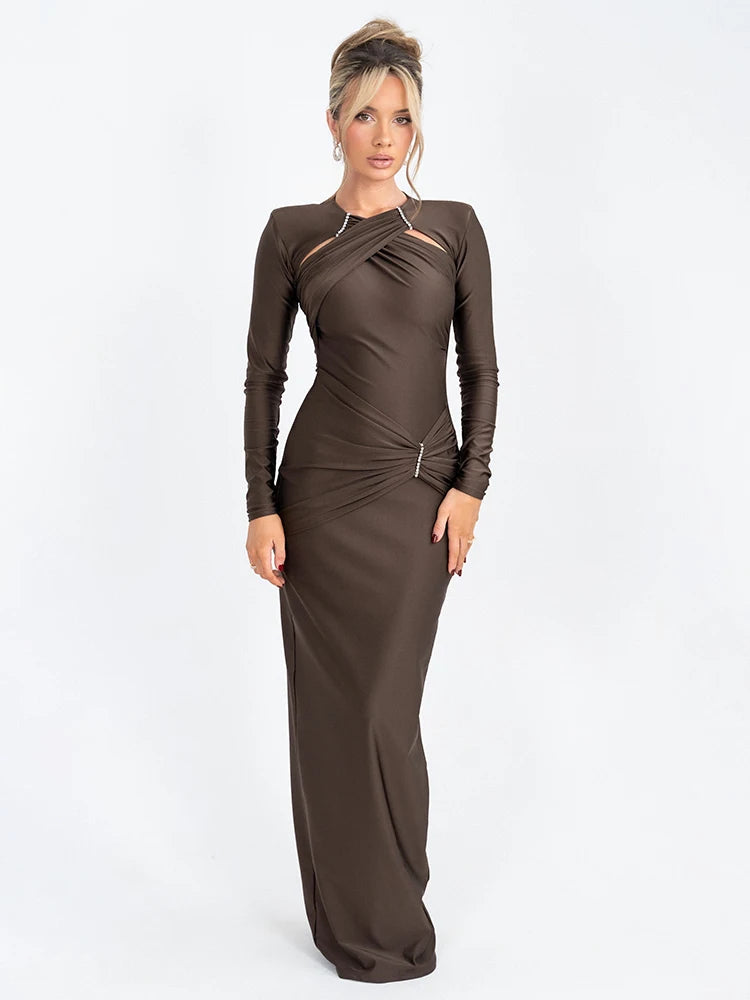 Hollow Out Long Sleeve Sexy Maxi Dress For Women Gown Fashion Solid Bodycon Ruched Club Evening Elegant Long Dress voguable