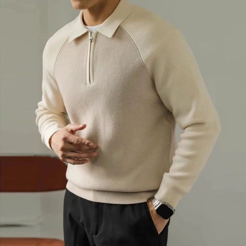 New American Chic Men Polo Sweater Luxury Trendy Business Zip-up Knit Solid Color Pullover Leisure Slim-fit Long Sleeve Knitwear voguable