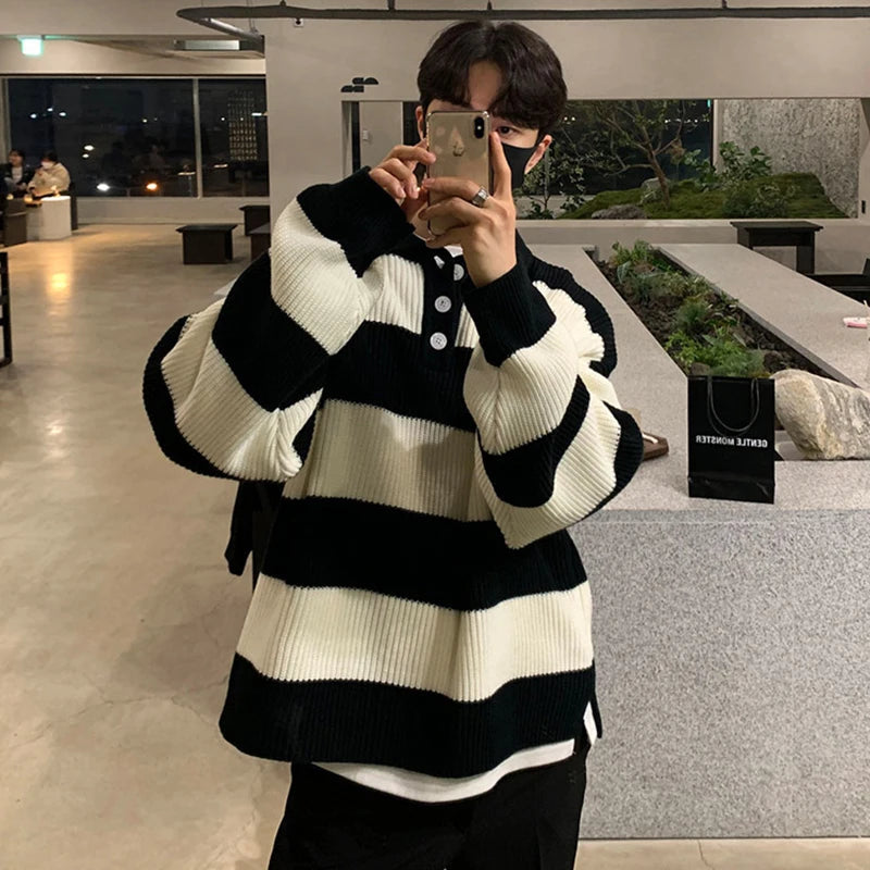 New Fashion Striped Men Polo Sweater Light Luxury Korean Popular Knitwear Premium Quality Long Sleeve Pullover Trendy Streetwear voguable