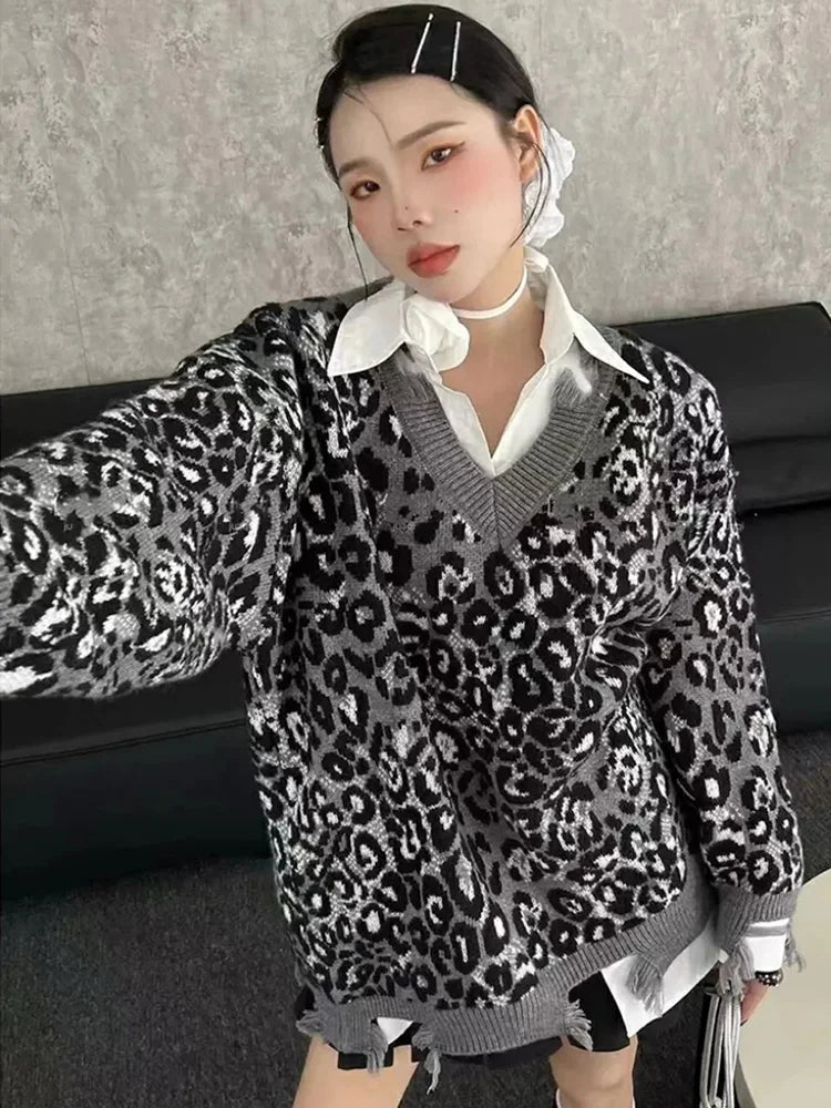 Hip Hop Hole Leopard Sweater Women Loose Streetwear Lazy Wind Y2K Knitted Jumper American Harajuku Vintage Long Sleeve Tops voguable
