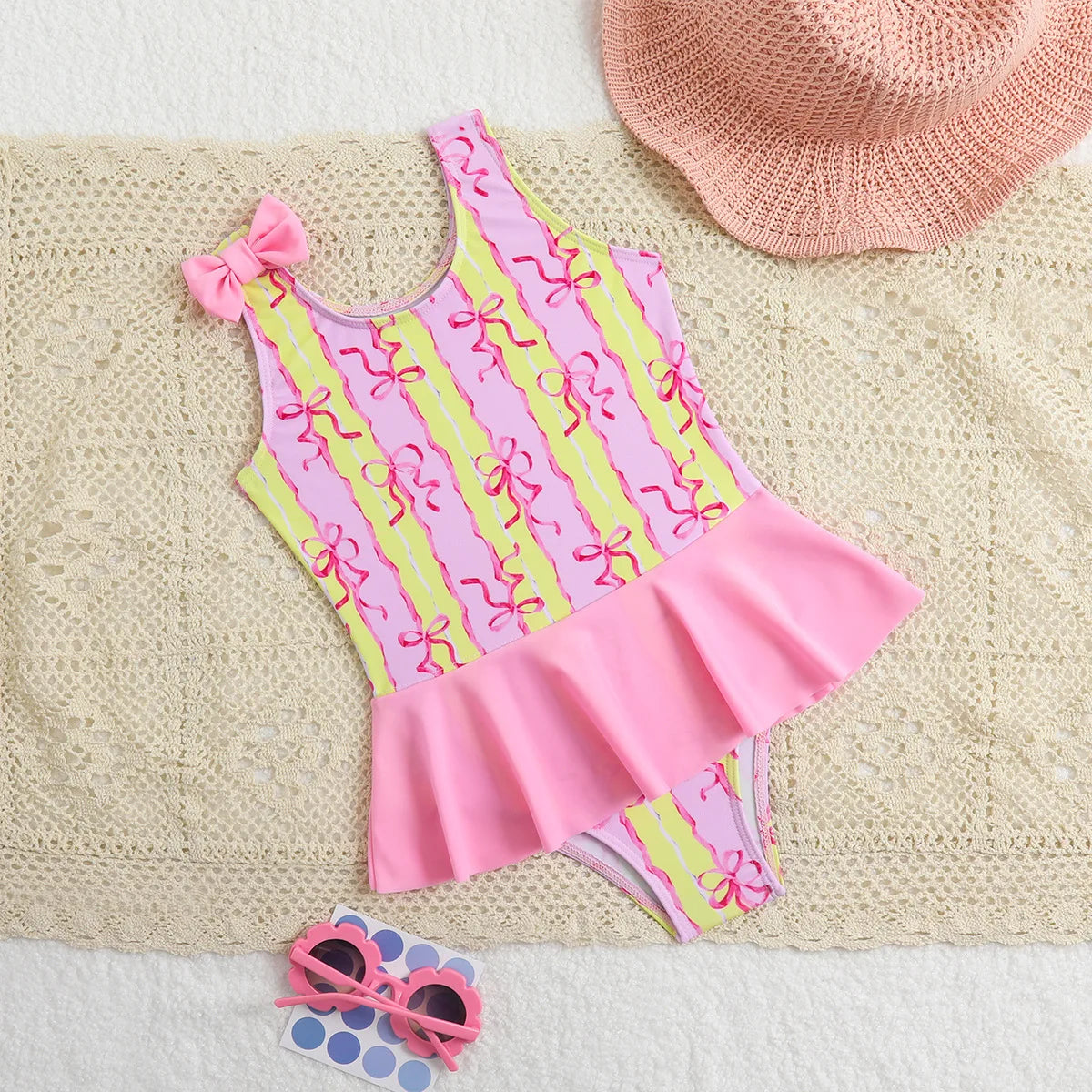 Voguable  Girls Kids One Pieces Swimsuit Beach with Swim Ruffles Swimwear Bathing Suit Print Kids Knot Bikinis Bodysuit Summer voguable