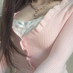 Fairycore Clothing Top y2k Women Ruffle Lace Patchwork Long Sleeve Knitted T Shirt 2000s Coquette Clothes Streetwear voguable