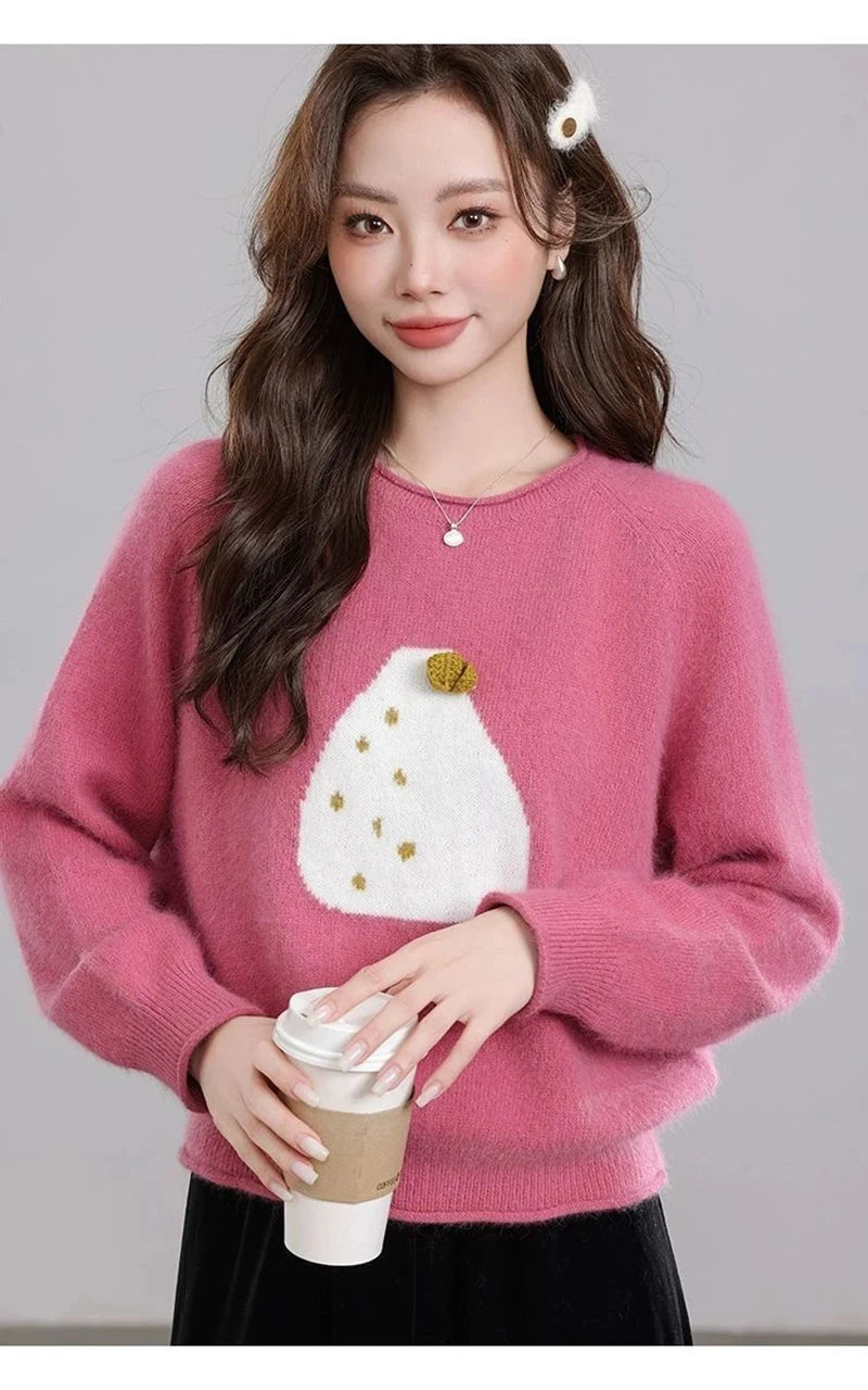 Chic Print Sweet Sweaters Women Casual Preppy Style Cute O Neck Pullover Loose Long Sleeve Fashion Fall Winter Korean Jumper New voguable