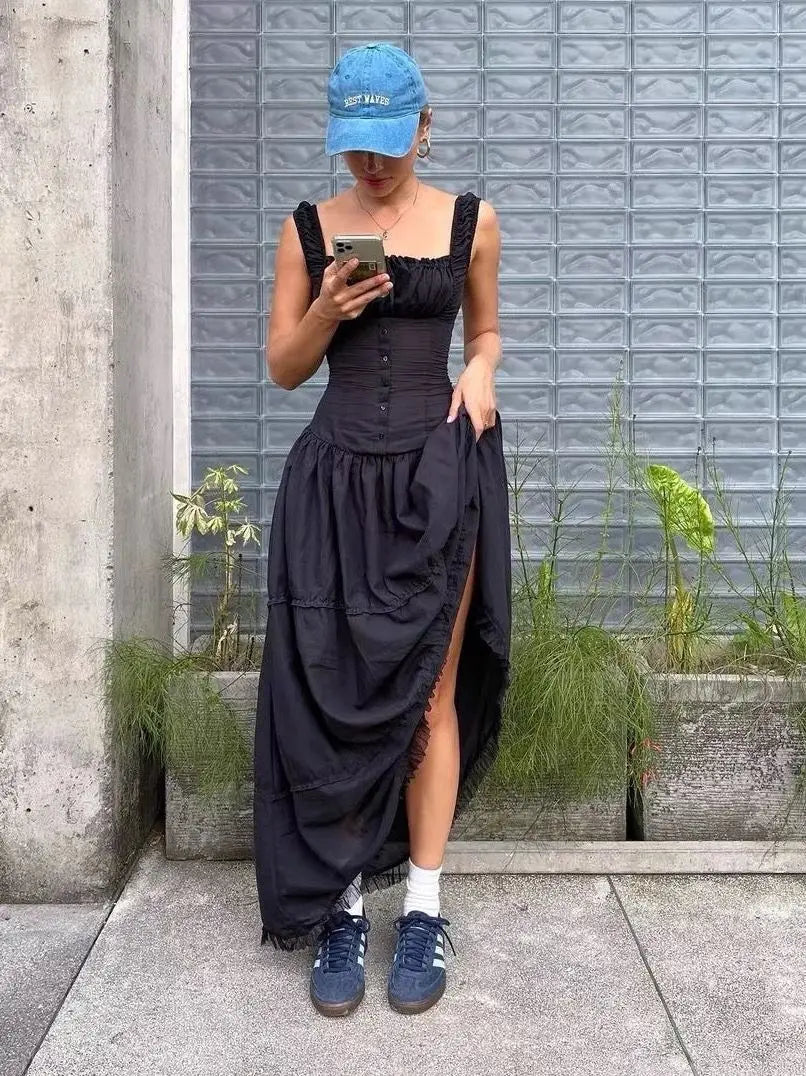 YENKYE Women Sexy Ruched Chest Corset Style Sling Long Dress Low Waist Sleeveless Female Holiday Summer Robe voguable