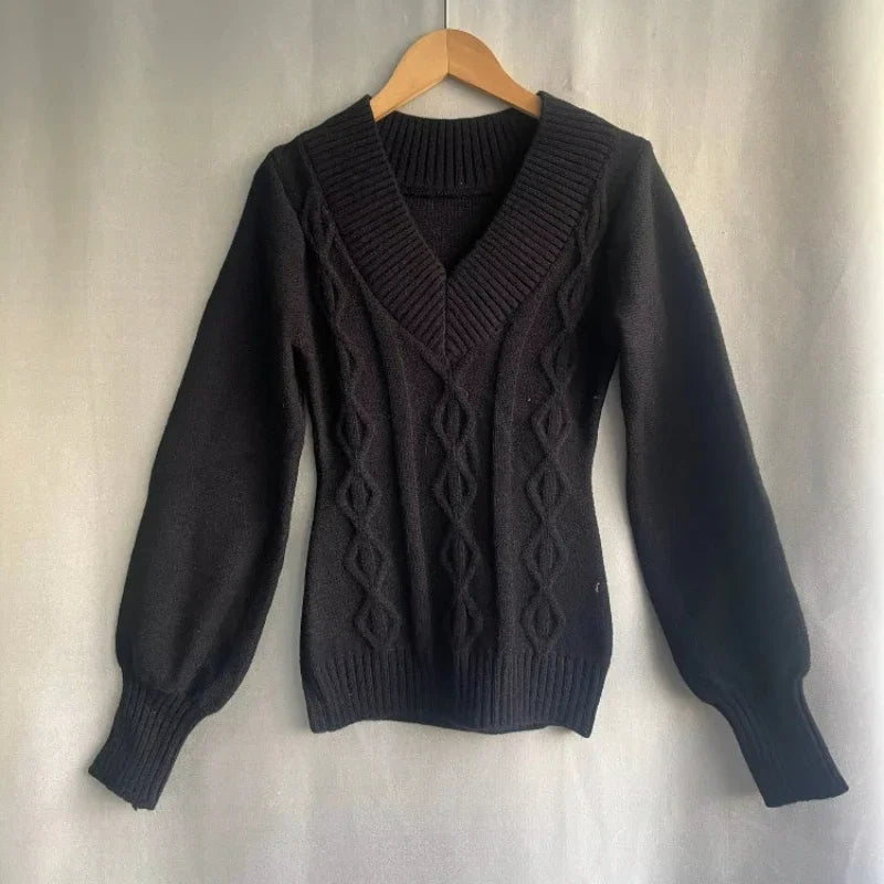 Sexy Elegant V-neck Knitted Pullover Women Black Y2k Fashion Long Sleeve Sweaters Simple Casual Slim Aesthetics Tops voguable