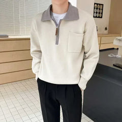 Voguable  Knitted Sweaters for Men Zipper Spliced Man Clothes Pullovers With Pockets Brown Polo Zip-up Heated Cheap Korean 2024 Autumn A S voguable