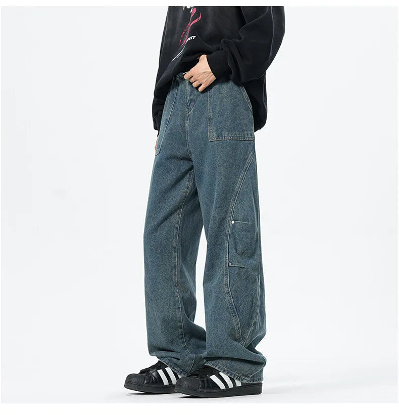 Patchwork style Men's Baggy Straight Jeans Personality unisex Fashion Korean High Street Denim Pants Streetwear Male Trousers voguable