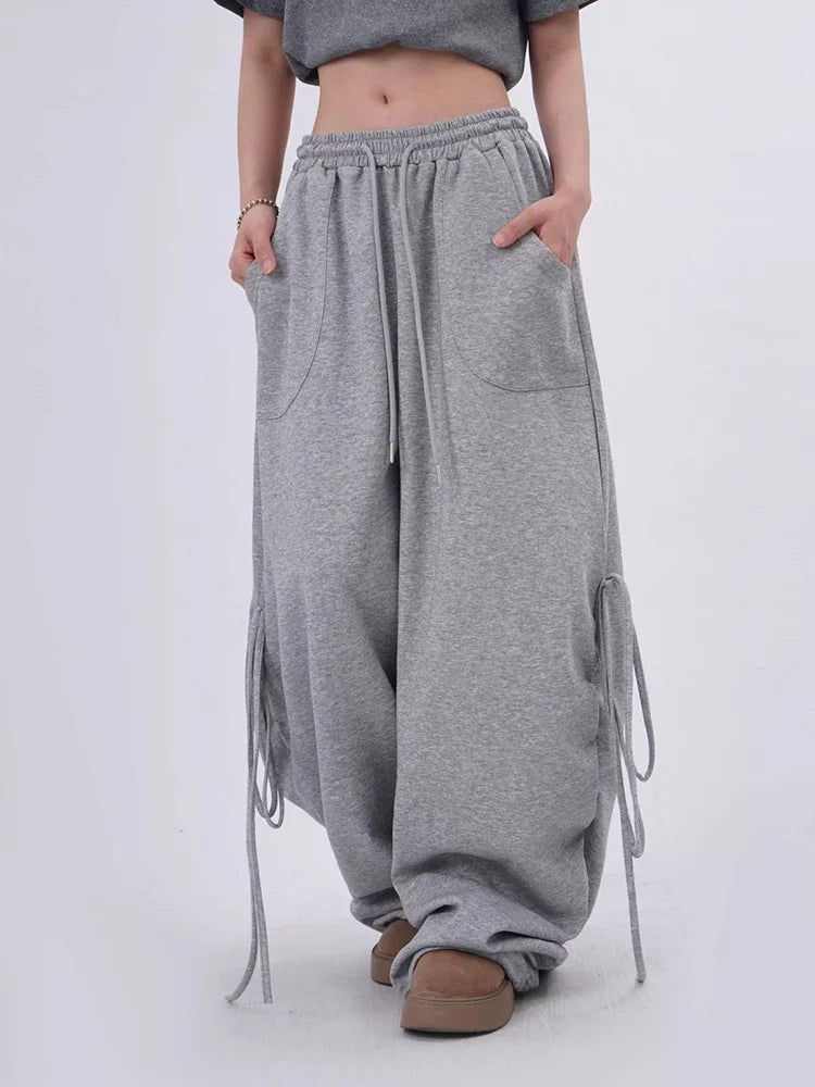 Streetwear Gray Sweatpants Women Low Waist Loose Harajuku Pockets Pants American Casual Hip Hop Lace Up Oversize Bf Trousers New voguable