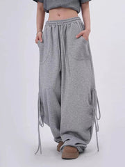 Streetwear Gray Sweatpants Women Low Waist Loose Harajuku Pockets Pants American Casual Hip Hop Lace Up Oversize Bf Trousers New voguable
