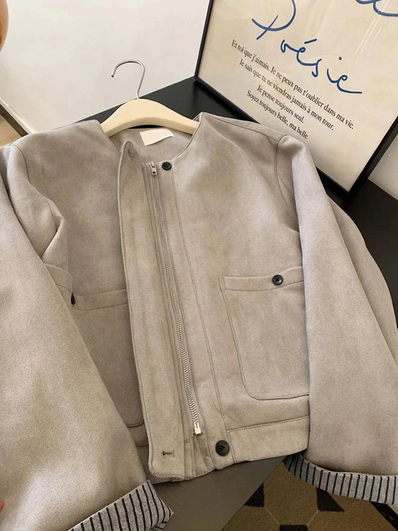 Women Faux Suede Y2K Jacket American Retro O Neck Long Sleeve Casual Coat Retro Casual Harajuku Streetwear Fall Winter Tops voguable