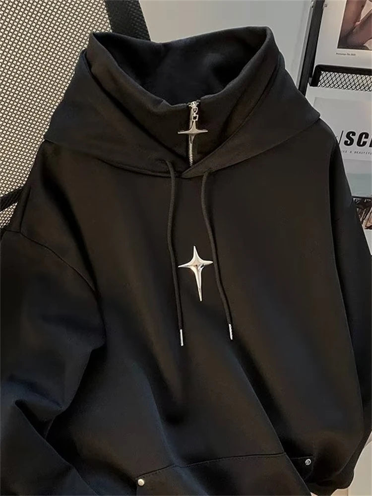 Voguable  Autumn Winter High Neck Hoodie Men Casual Trendy Sporty Japanese Retro Cool Teenage Fashionable Jacket Loose Fit Hooded voguable