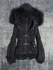 Voguable  WomenBlack Hooded Parka Jacket with Big Faux Fur Collar Gothic Metal Buckle Zip Up Slim Fit Winter Warm Coat Streetwear Y2K voguable