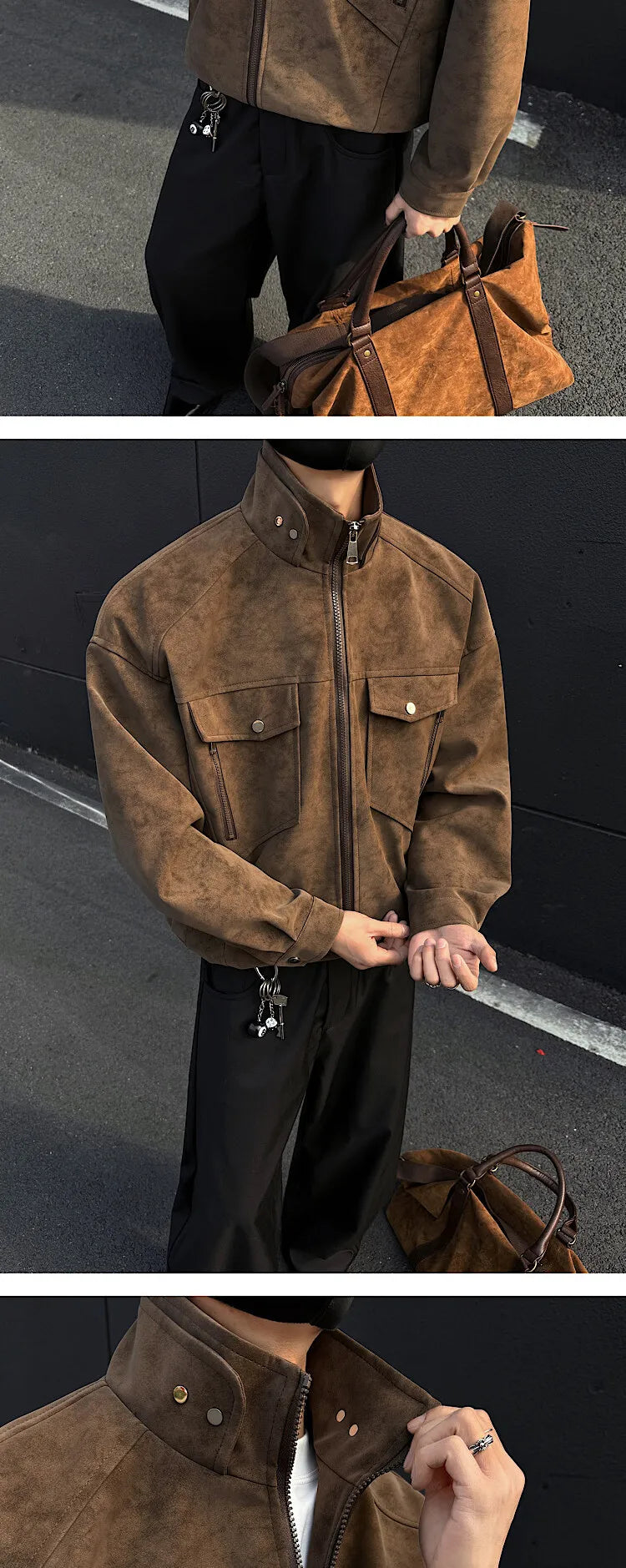 Mens Short Stand Collar Motorcycle Jacket Patchwork Cargo Biker Coat Spring Outdoor Riding Fashion Streetwear Urban Trendy voguable