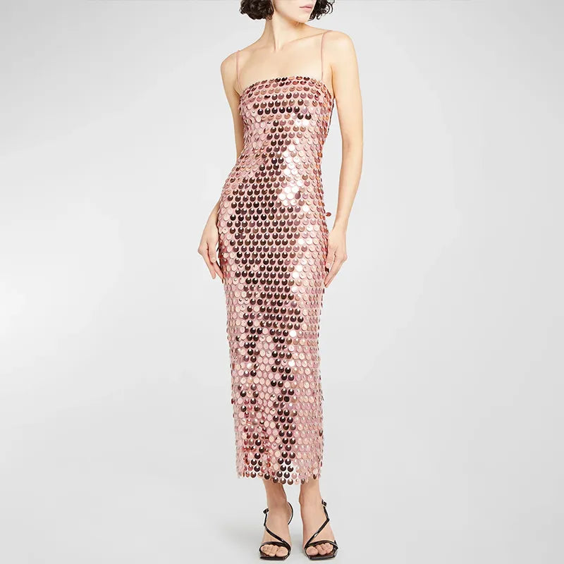 Sequined Tube Top Strap Dress Women Sexy Sleeveless Slim Solid Straight Long Vestidos Fashion Backless Slip Split Evening Robe voguable