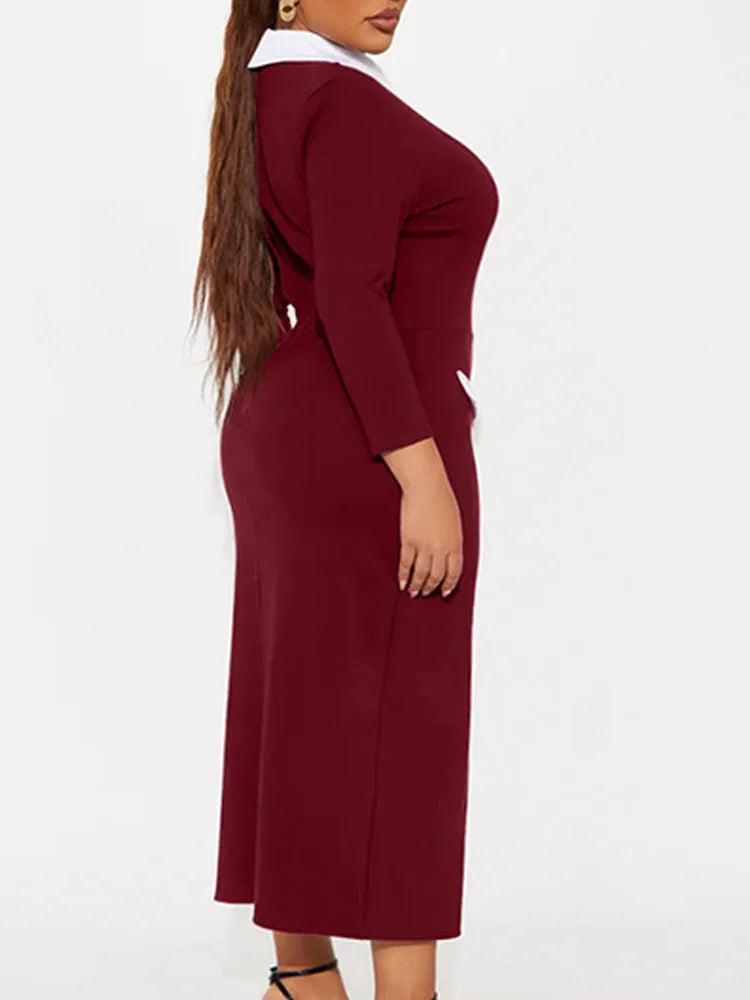 Voguable  Elegant Fashion Women's Pencil Dress Polo Collar Design Professional Long Sleeved Solid Color Office Lady Dress voguable