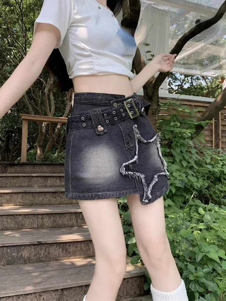 Voguable  2000s Sreetwear Clothes Summer Women Black Gothic Denim Skirts Harajuku Mini Jean Skirt Vintage Y2k Aesthetic Oversize Skirt voguable
